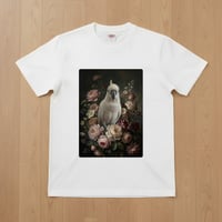 インコ（タイハクオウム）半袖Tシャツ 花の油絵風アート ホワイト 男女兼用