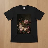 アサヒスズメ半袖Tシャツ 花の油絵風アート ブラック 男女兼用
