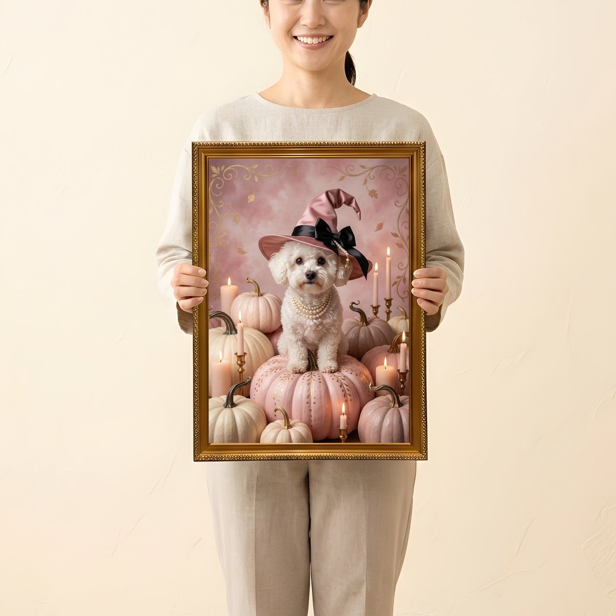 犬（ビションフリーゼ）のロココ調シャビーピンクアート A3額装インテリア壁掛け 犬（ビションフリーゼ）のハロウィン限定アート A3額装インテリア