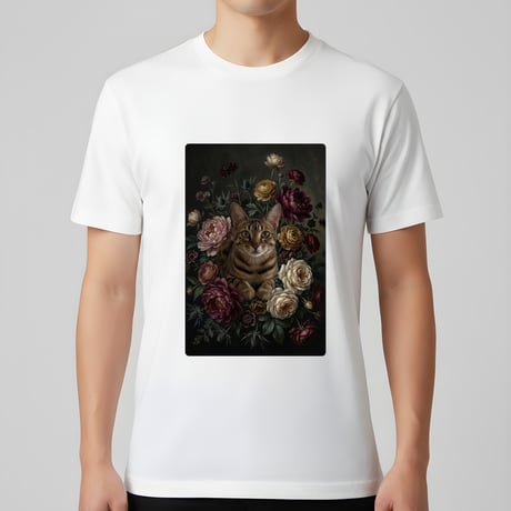 猫（オシキャット）半袖Tシャツ 花の油絵風アート ホワイト 男女兼用