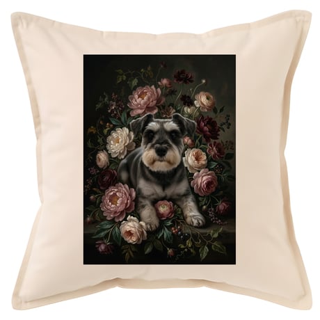 犬（ミニチュアシュナウザー）クッション 45cm 花の油絵風カラーアート