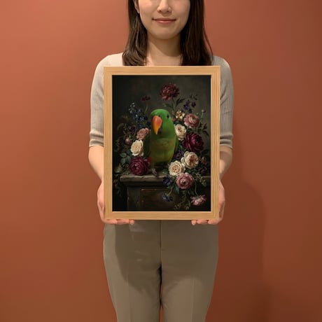 インコ（オオハナインコ）の花に囲まれた油絵風アート A4額装インテリア壁掛け