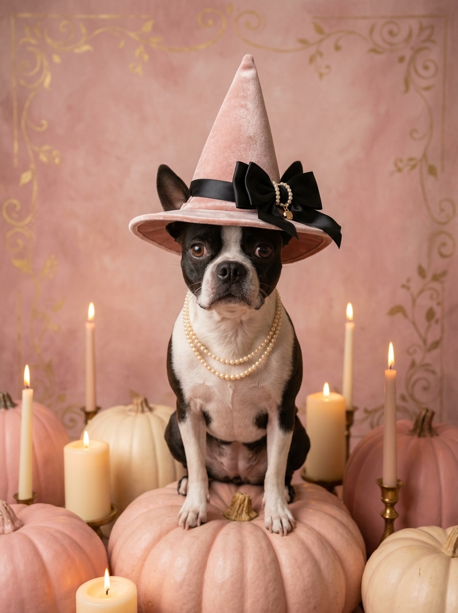 犬（ボストンテリア）のハロウィン限定アート A4金縁額装インテリア
