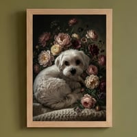 犬（マルチーズ）の花に囲まれた油絵風アート A4額装インテリア壁掛け