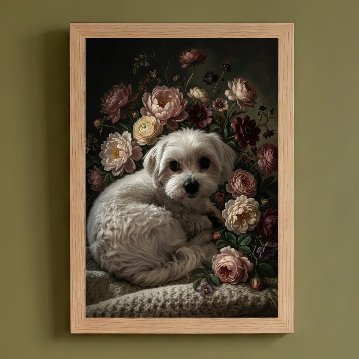 マニー 希少 美品 犬と椅子の刺繍インテリア装飾 犬（マルチーズ）の花に囲まれた油絵風アート A4額装インテリア壁掛け