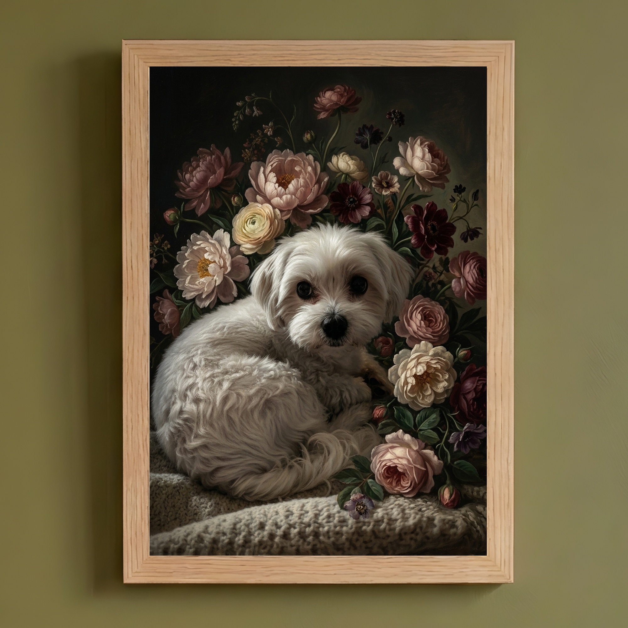 犬（マルチーズ）の花に囲まれた油絵風アート A4額装インテリア壁掛け