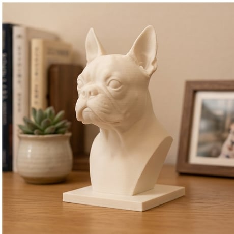 犬（ボストンテリア）の3Dプリント胸像 白PLA 彫刻 置物 インテリア