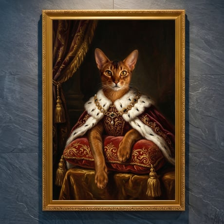 猫（アビシニアン）のルネサンス風肖像画 油絵風アートA4金縁額装インテリア壁掛け