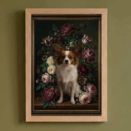 犬（パピヨン）の花に囲まれた油絵風アート A4額装インテリア壁掛け