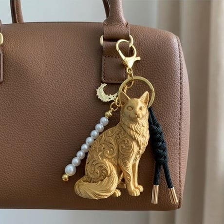 猫（ソマリ）のキーホルダー ミニチュア シルクゴールド