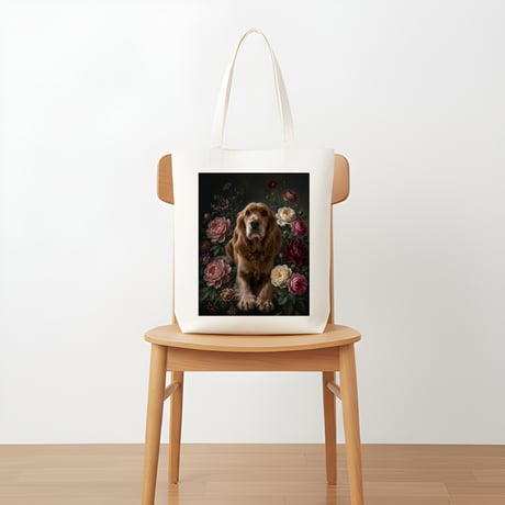 犬（コッカースパニエル）トートバッグ 花の油絵風アート キャンバス地
