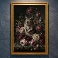 デグーの花に囲まれた油絵風アート A4金縁額装インテリア壁掛け