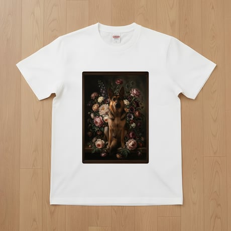 犬（ジャーマンシェパード）半袖Tシャツ 花の油絵風アート ホワイト 男女兼用