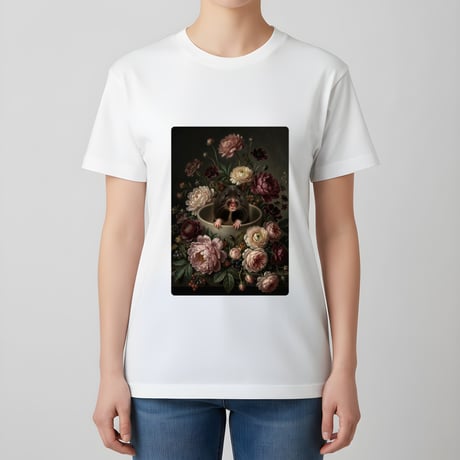 ブラックベアハムスター半袖Tシャツ 花の油絵風アート ホワイト 男女兼用