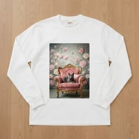 猫（ロシアンブルー）長袖Tシャツ ロココ調シャビーピンク ホワイト 男女兼用