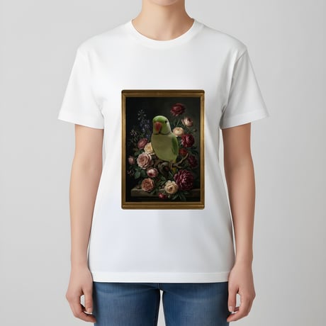 インコ（インドオオハナインコ）半袖Tシャツ 花の油絵風アート ホワイト 男女兼用