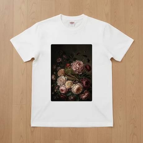 アサヒスズメ半袖Tシャツ 花の油絵風アート ホワイト 男女兼用