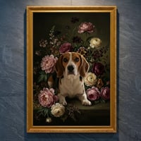 犬（ビーグル）の花に囲まれた油絵風アート A4金縁額装インテリア壁掛け