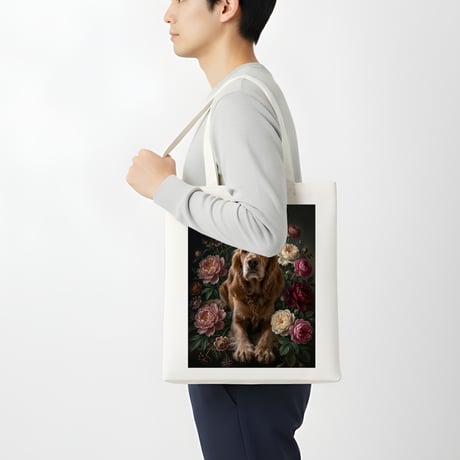 犬（コッカースパニエル）トートバッグ 花の油絵風アート キャンバス地