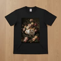 猫（マンチカン）半袖Tシャツ 花の油絵風アート ブラック 男女兼用