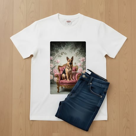 ジャーマンシェパード半袖Tシャツ ロココ調シャビーピンク ホワイト 男女兼用