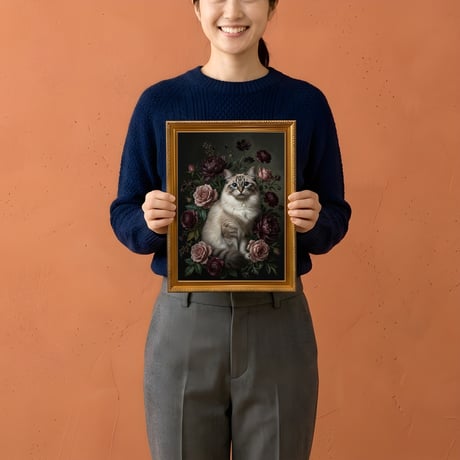 猫（ラグドール）の花に囲まれた油絵風アート A4金縁額装インテリア壁掛け