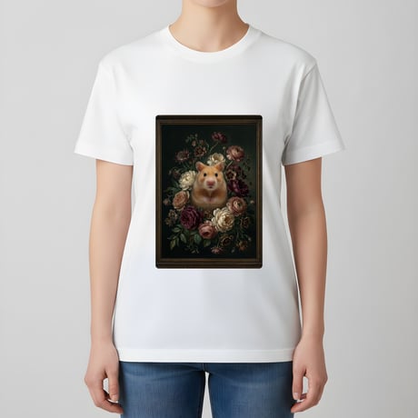 ゴールデンハムスター半袖Tシャツ 花の油絵風アート ホワイト 男女兼用