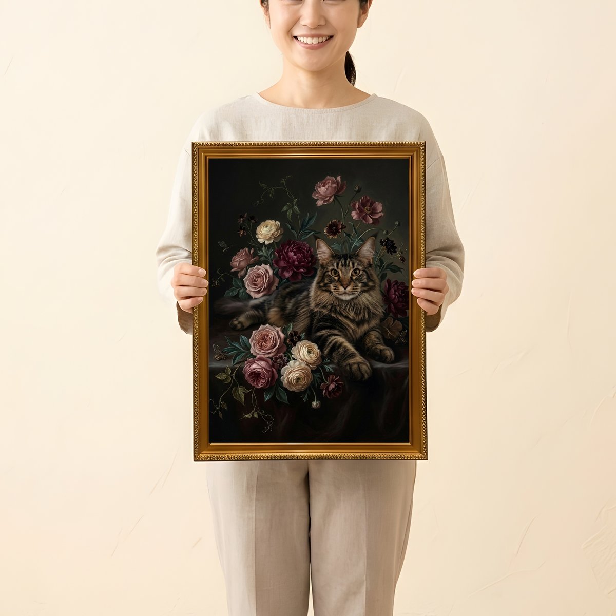 猫（メインクーン）の花に囲まれた油絵風アート A3額装インテリア