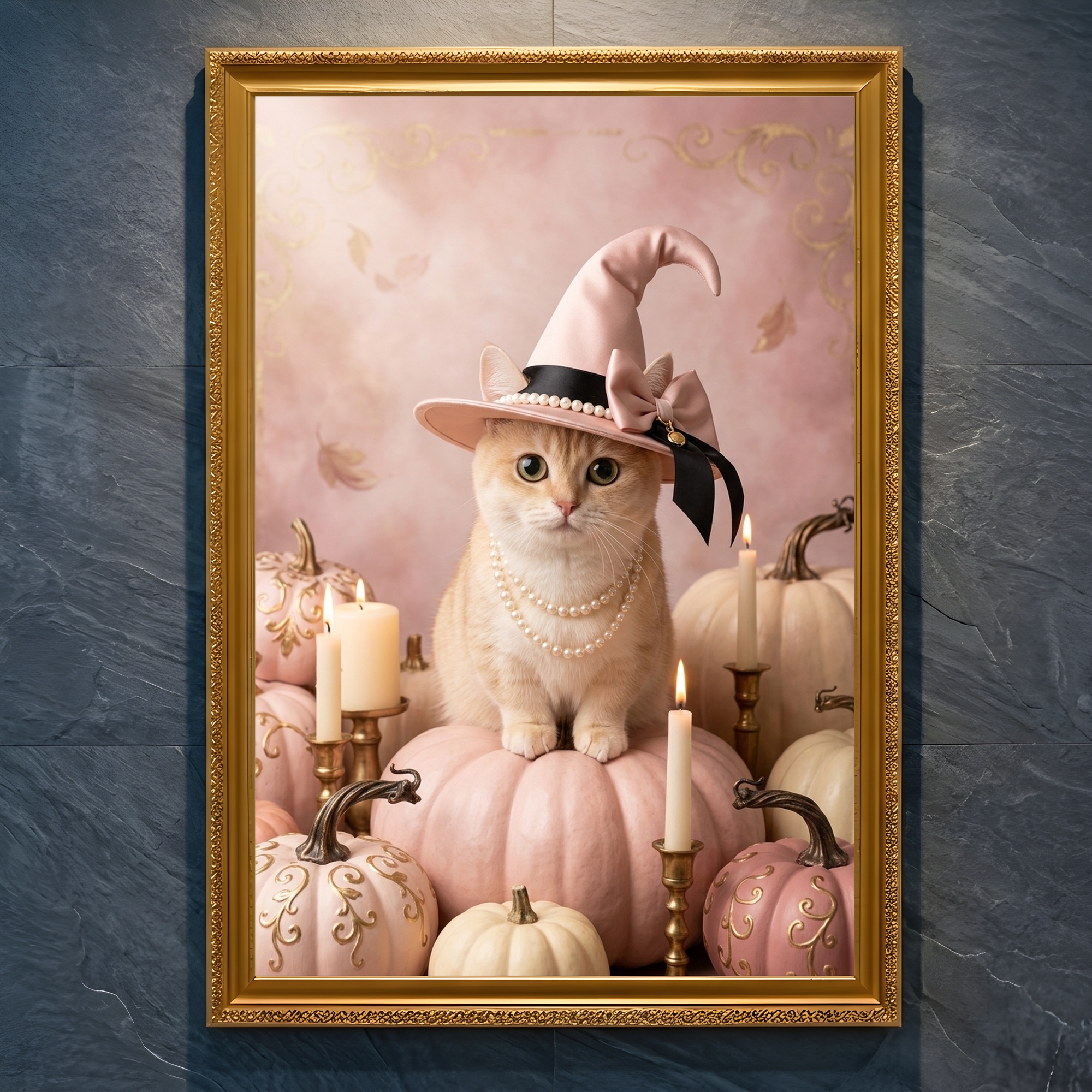 猫（マンチカン）のハロウィン限定アート A4金縁額装インテリア壁掛け