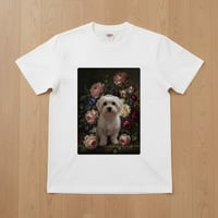 犬（マルチーズ）半袖Tシャツ 花の油絵風アート ホワイト 男女兼用