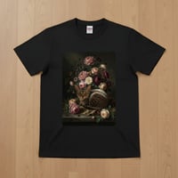 猫（アメリカンショートヘア）半袖Tシャツ 花の油絵風アート ブラック 男女兼用