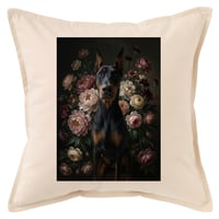 犬（ドーベルマン）クッション 45cm 花の油絵風カラーアート