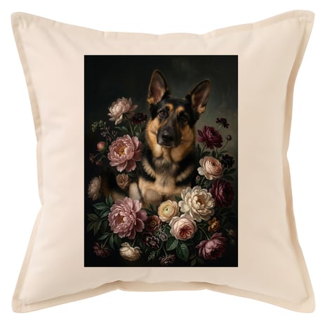 犬（ジャーマンシェパード）クッション 45cm 花の油絵風カラーアート