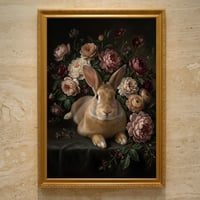 うさぎ（フレミッシュジャイアント）の花の油絵風アート A3額装インテリア壁掛け