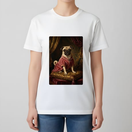 犬（パグ）半袖Tシャツ ルネサンス風カラーアート ホワイト 男女兼用