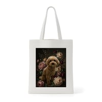 犬（トイプードル）トートバッグ 花の油絵風アート キャンバス地