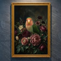 インコ（コザクラインコ）の花に囲まれた油絵風アート A4金縁額装インテリア壁掛け