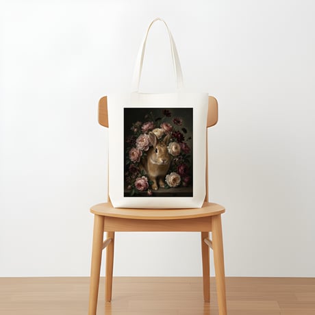 うさぎ（タン）トートバッグ 花の油絵風アート キャンバス地