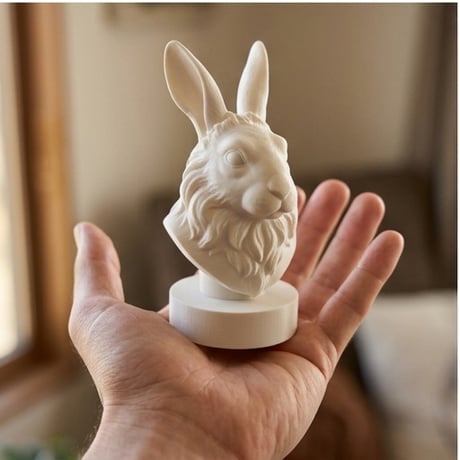 うさぎ（ライオンヘッド）の3Dプリント胸像 白PLA 彫刻 置物 インテリア