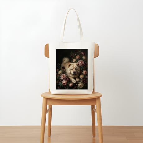 犬（チャウチャウ）トートバッグ 花の油絵風アート キャンバス地