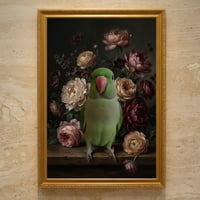 インコ（ワカケホンセイインコ）の花の油絵風アート A3額装インテリア壁掛け