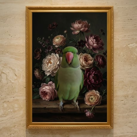 インコ（ワカケホンセイインコ）の花の油絵風アート A3額装インテリア壁掛け