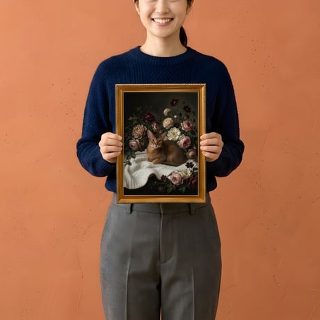 猫（アビシニアン）の花に囲まれた油絵風アート A4金縁額装インテリア壁掛け