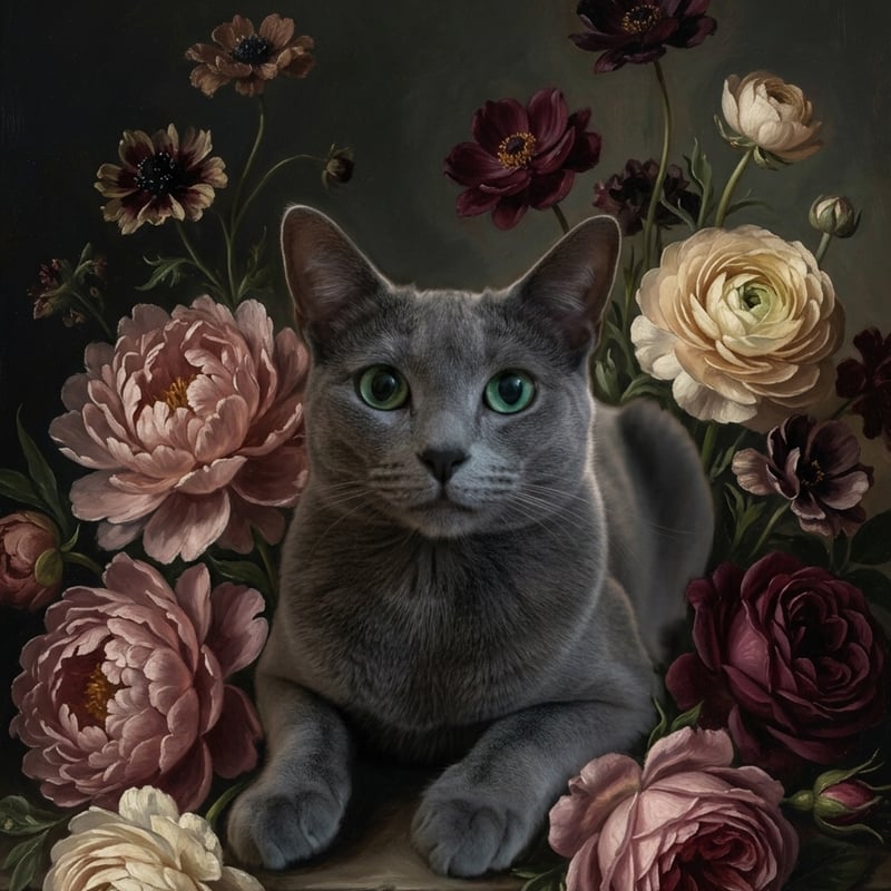 ルダン「サリンジャーマンション」版画 大判 額装 インテリアアート #532 猫（ロシアンブルー）の花に囲まれた油絵風アート A4金縁額装