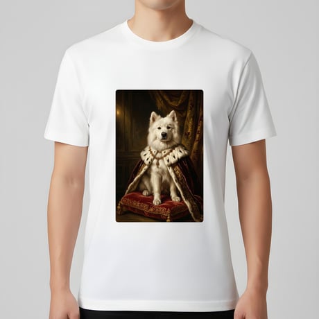 犬（サモエド）半袖Tシャツ ルネサンス風カラーアート ホワイト 男女兼用