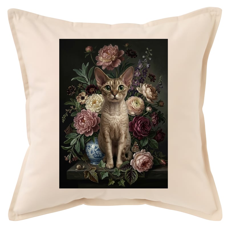 猫（デボンレックス）クッション 45cm 花の油絵風カラーアート | うち