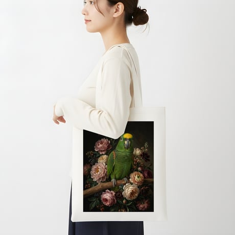 インコ（キエリボウシインコ）トートバッグ 花の油絵風アート キャンバス地