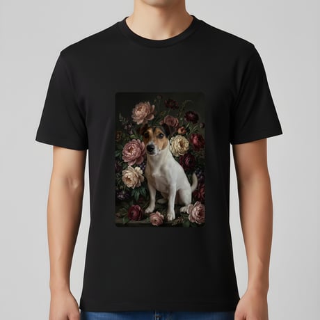 犬（ジャックラッセルテリア）半袖Tシャツ 花の油絵風アート ブラック 男女兼用
