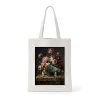 イグアナ（ブルーイグアナ）トートバッグ 花の油絵風アート キャンバス地