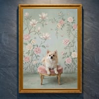 犬（ポメラニアン）のロココ調シャビーピンクアート A4金縁額装インテリア壁掛け